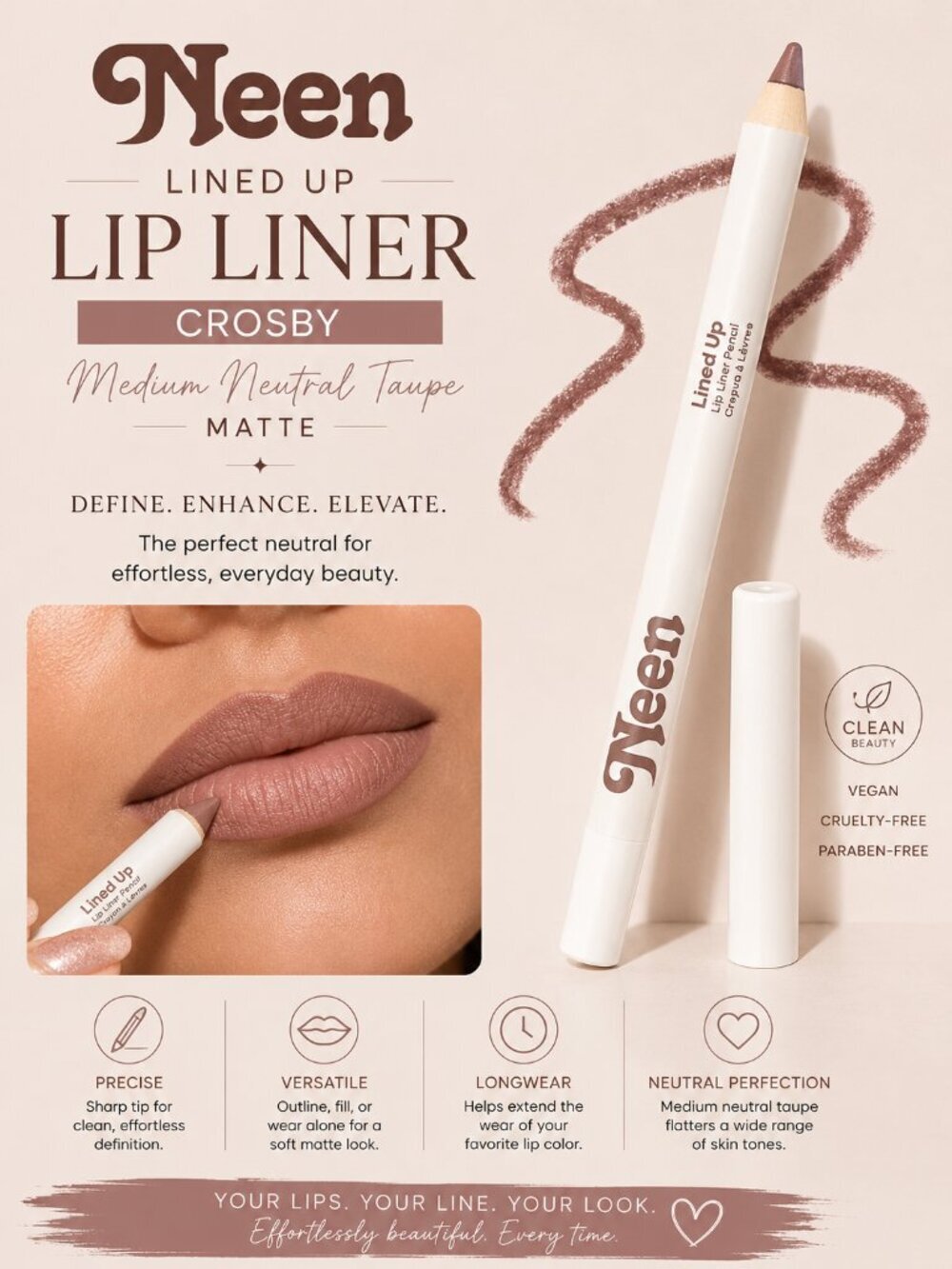 Neen Lined Up Lip Liner Crosby Medium Neutral Taupe Matte Full Size New